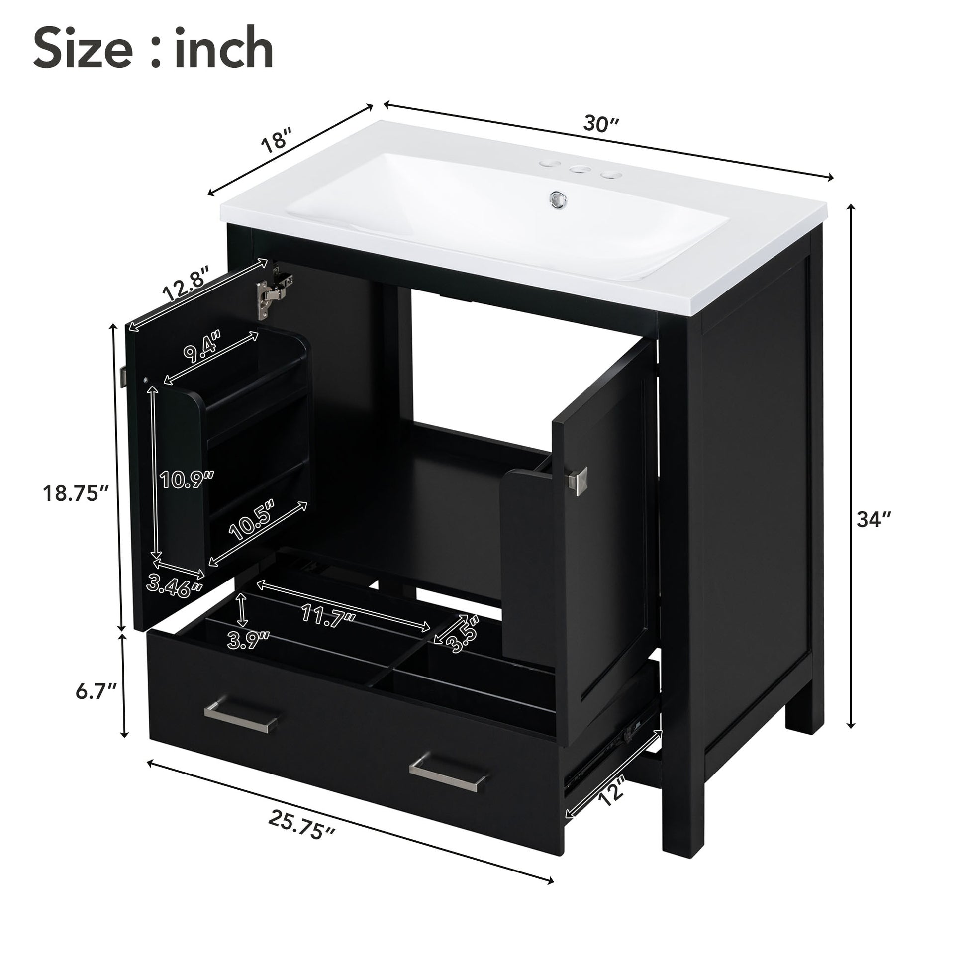 30" Black Bathroom Vanity With Single Sink, Combo Cabinet Undermount Sink, Bathroom Storage Cabinet With 2 Doors And A Drawer, Soft Closing, Multifunctional Storage, Solid Wood Frame Black Solid