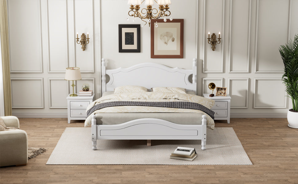 Queen Size Wood Platform Bed Frame,Retro Style Platform Bed With Wooden Slat Support,White White Wood