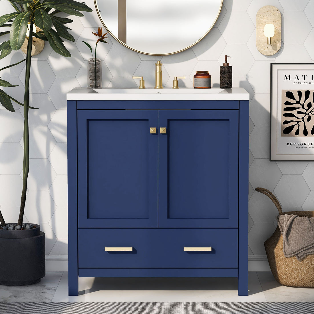 30" Blue Bathroom Vanity With Single Sink, Combo Cabinet Undermount Sink, Bathroom Storage Cabinet With 2 Doors And A Drawer, Soft Closing, Multifunctional Storage, Solid Wood Frame Blue Solid Wood Mdf Resin