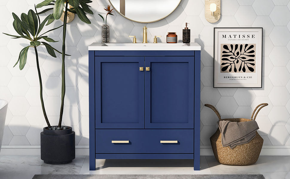 30" Blue Bathroom Vanity With Single Sink, Combo Cabinet Undermount Sink, Bathroom Storage Cabinet With 2 Doors And A Drawer, Soft Closing, Multifunctional Storage, Solid Wood Frame Blue Solid Wood Mdf Resin