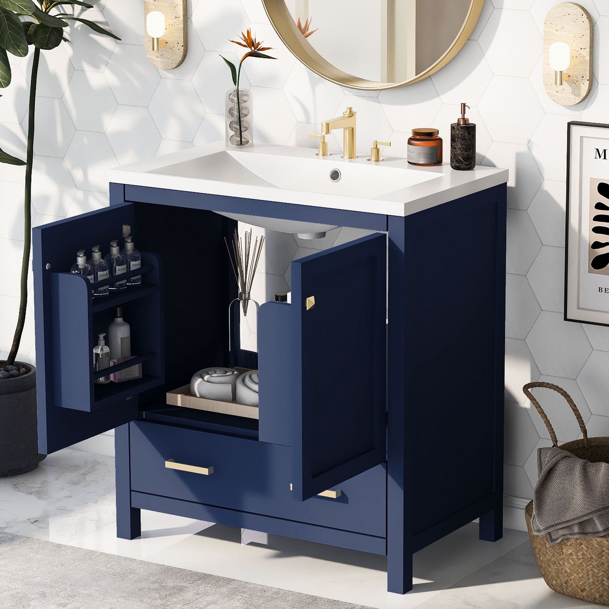 30" Blue Bathroom Vanity With Single Sink, Combo Cabinet Undermount Sink, Bathroom Storage Cabinet With 2 Doors And A Drawer, Soft Closing, Multifunctional Storage, Solid Wood Frame Blue Solid Wood Mdf Resin