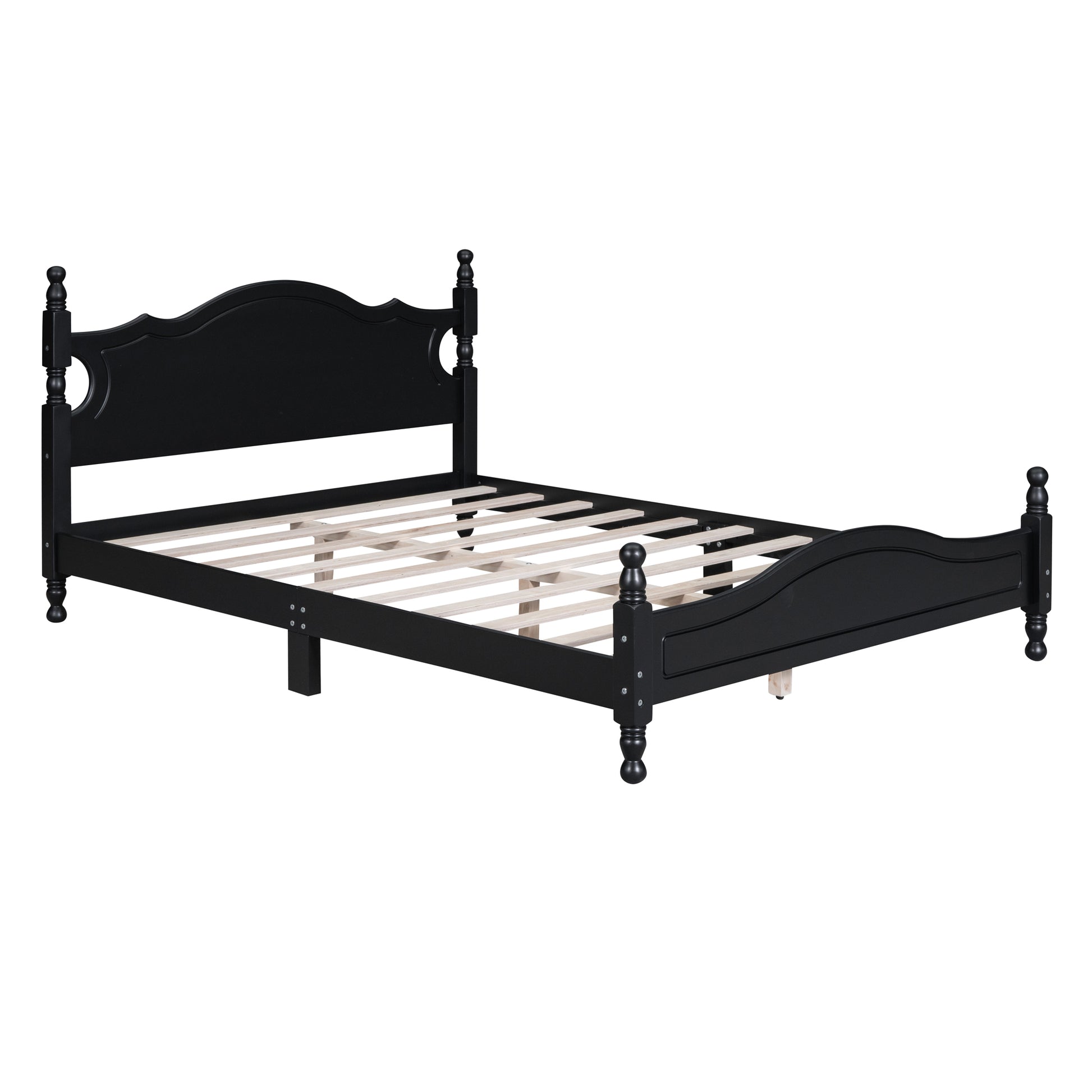 Queen Size Wood Platform Bed Frame,Retro Style Platform Bed With Wooden Slat Support,Black Black Wood