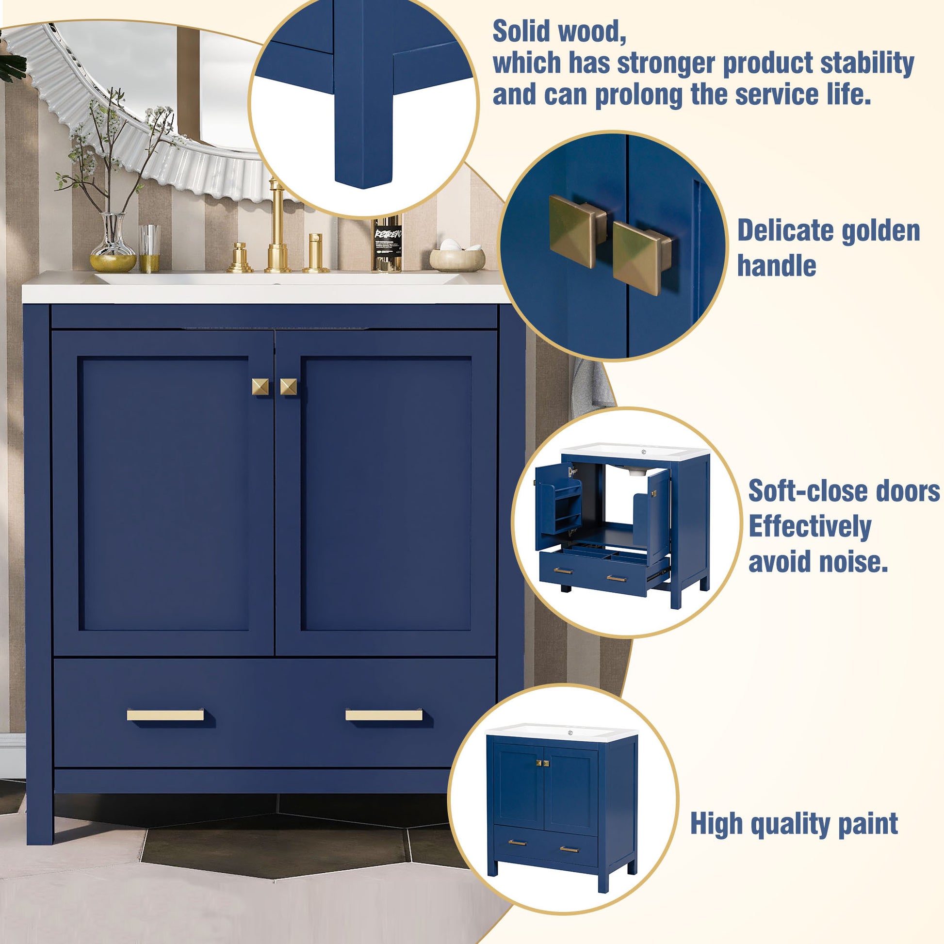 30" Blue Bathroom Vanity With Single Sink, Combo Cabinet Undermount Sink, Bathroom Storage Cabinet With 2 Doors And A Drawer, Soft Closing, Multifunctional Storage, Solid Wood Frame Blue Solid Wood Mdf Resin