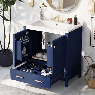 30" Blue Bathroom Vanity With Single Sink, Combo Cabinet Undermount Sink, Bathroom Storage Cabinet With 2 Doors And A Drawer, Soft Closing, Multifunctional Storage, Solid Wood Frame Blue Solid Wood Mdf Resin