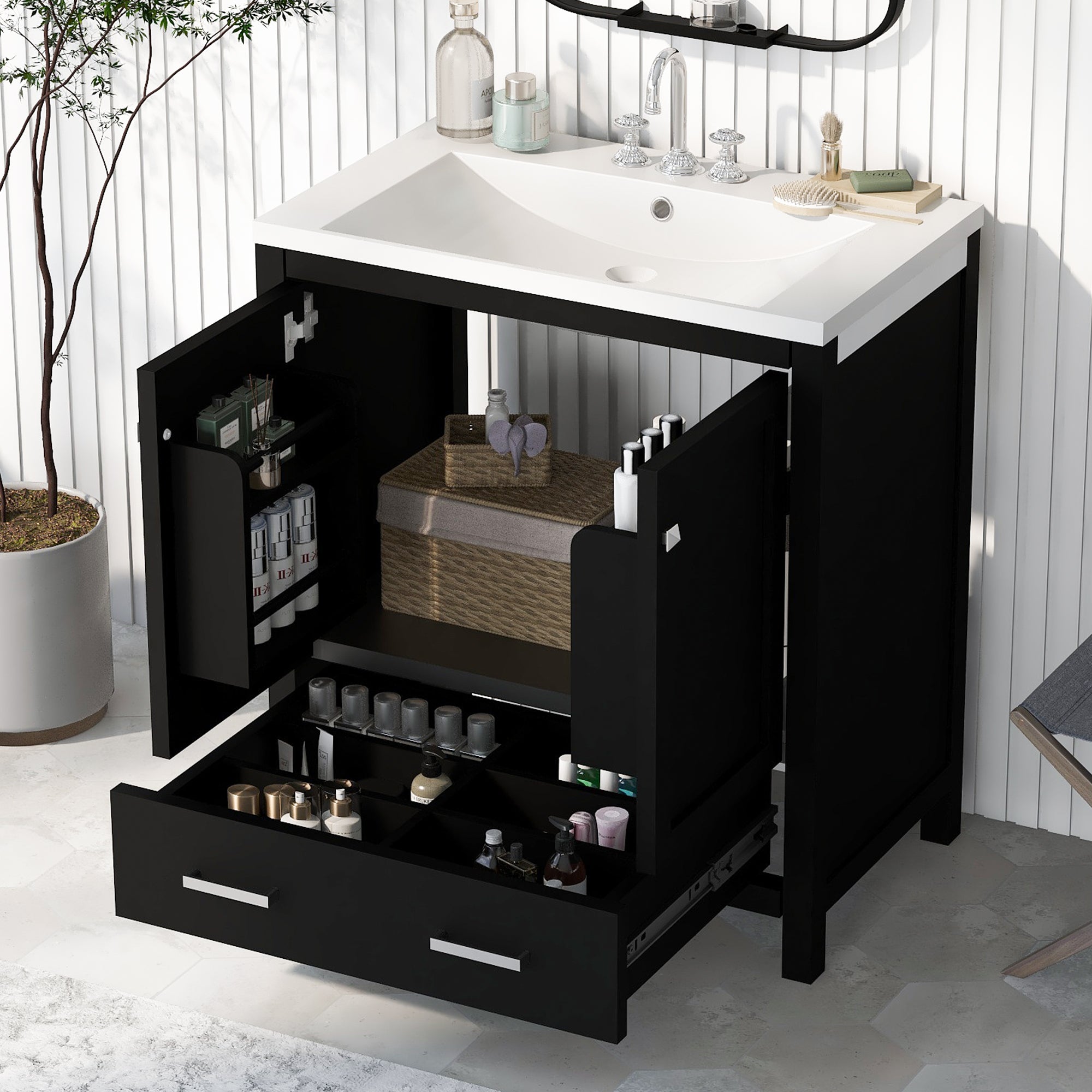 30" Black Bathroom Vanity With Single Sink, Combo Cabinet Undermount Sink, Bathroom Storage Cabinet With 2 Doors And A Drawer, Soft Closing, Multifunctional Storage, Solid Wood Frame Black Solid