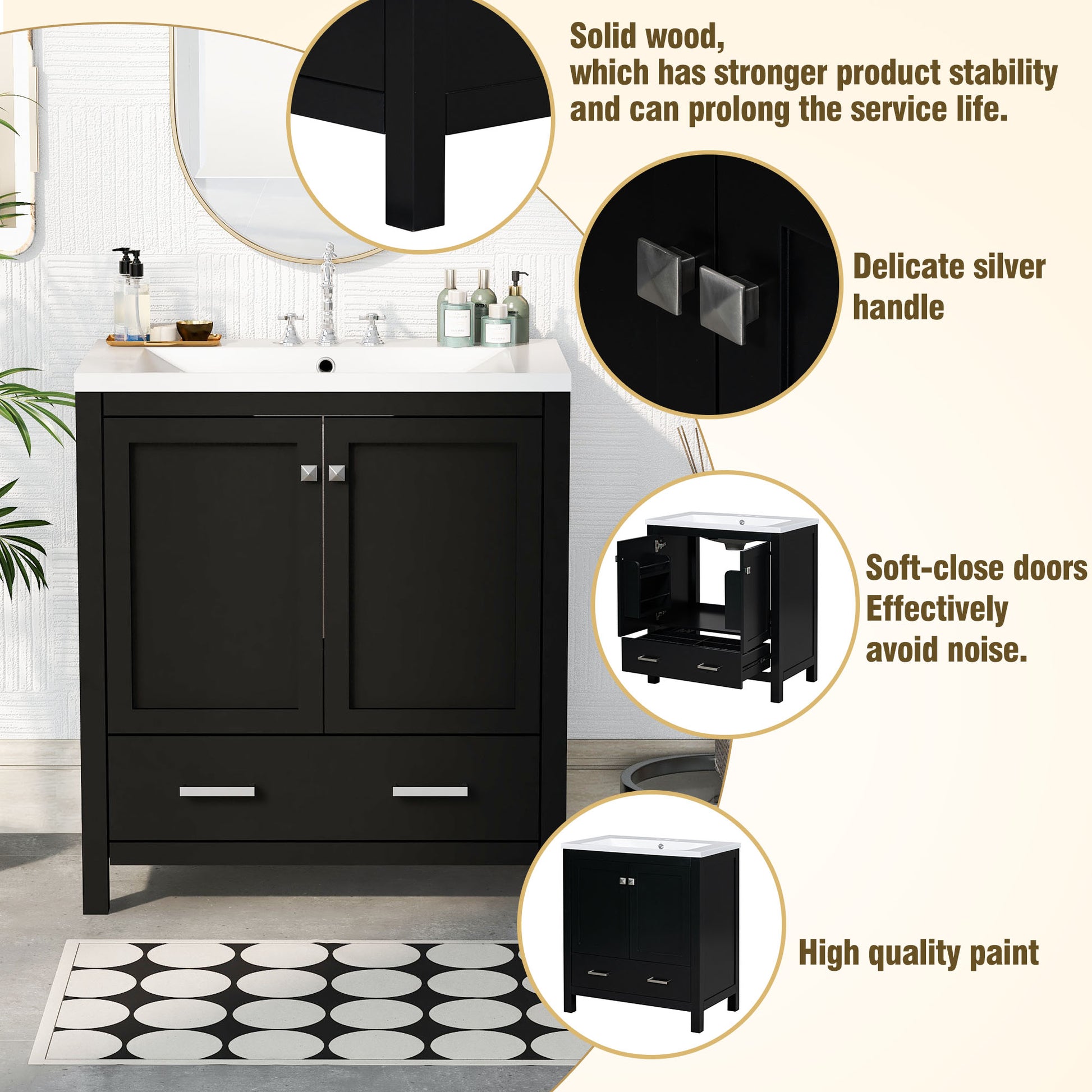 30" Black Bathroom Vanity With Single Sink, Combo Cabinet Undermount Sink, Bathroom Storage Cabinet With 2 Doors And A Drawer, Soft Closing, Multifunctional Storage, Solid Wood Frame Black Solid