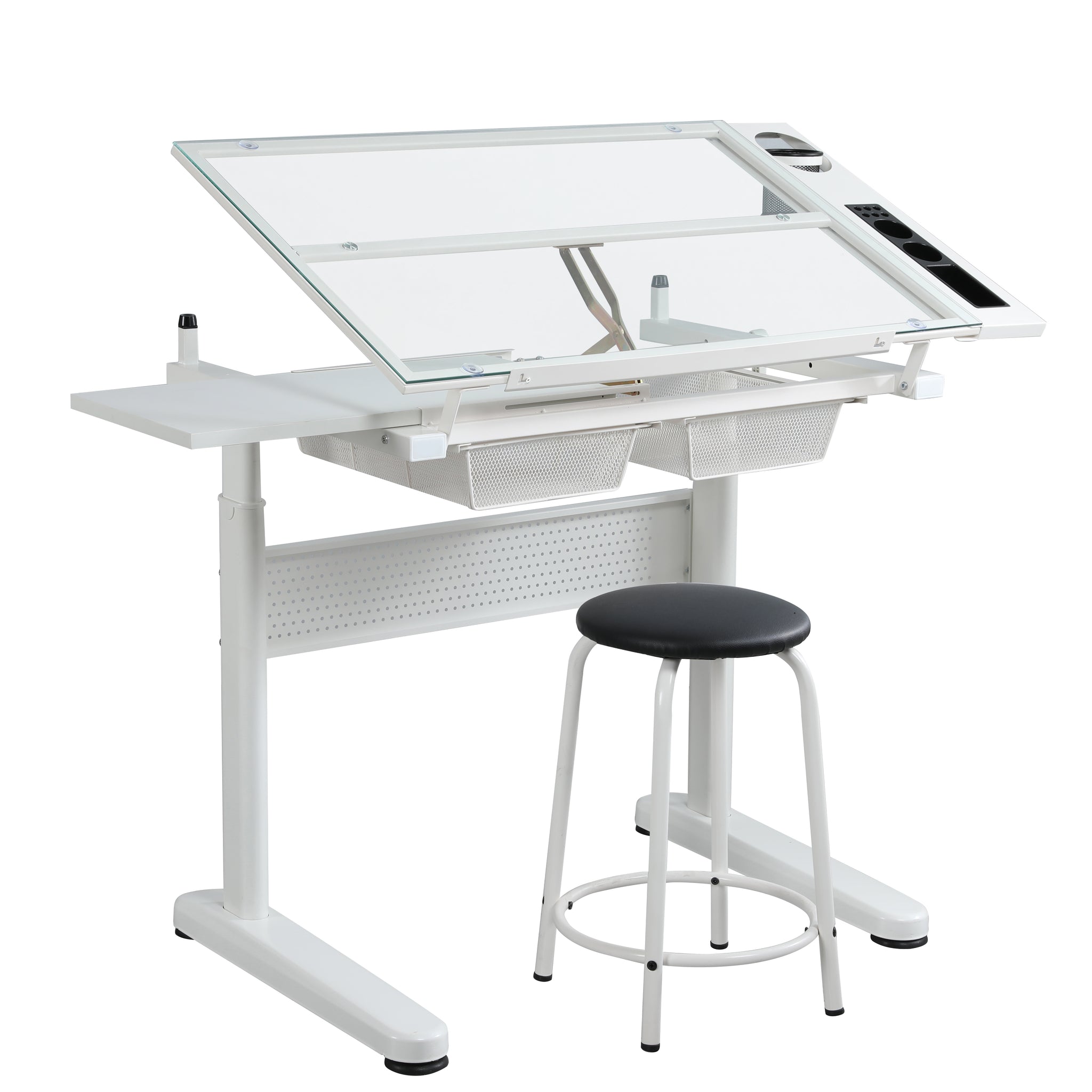 Hand Crank Adjustable Drafting Table Drawing Desk With 2 Metal Drawers White With Stool White Tempered Glass Sheet Metal Plastic