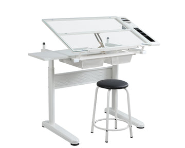 Hand Crank Adjustable Drafting Table Drawing Desk With 2 Metal Drawers White With Stool White Tempered Glass Sheet Metal Plastic