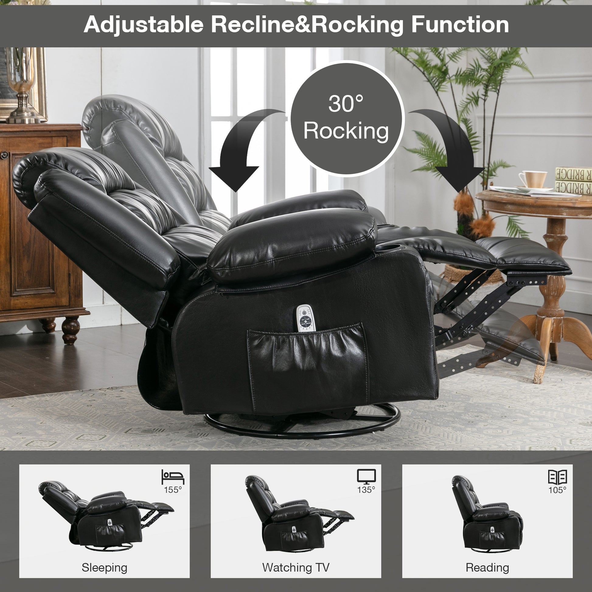 Massage Swivel Rocker Recliner Chair With Vibration Massage And Heat Ergonomic Lounge Chair For Living Room With Rocking Function And Side Pocket2 Cup Holders Usb Charge Port ,Black. Black Primary Living Space Soft Heavy Duty Cotton Pu Leather