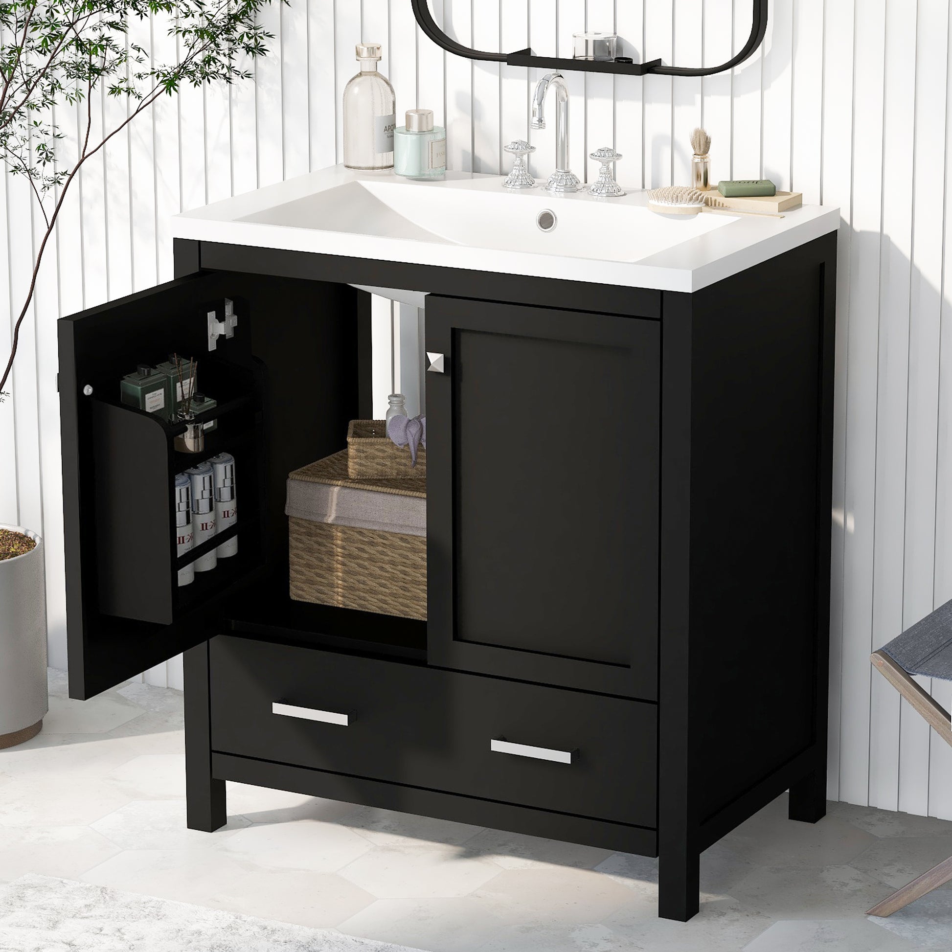 30" Black Bathroom Vanity With Single Sink, Combo Cabinet Undermount Sink, Bathroom Storage Cabinet With 2 Doors And A Drawer, Soft Closing, Multifunctional Storage, Solid Wood Frame Black Solid