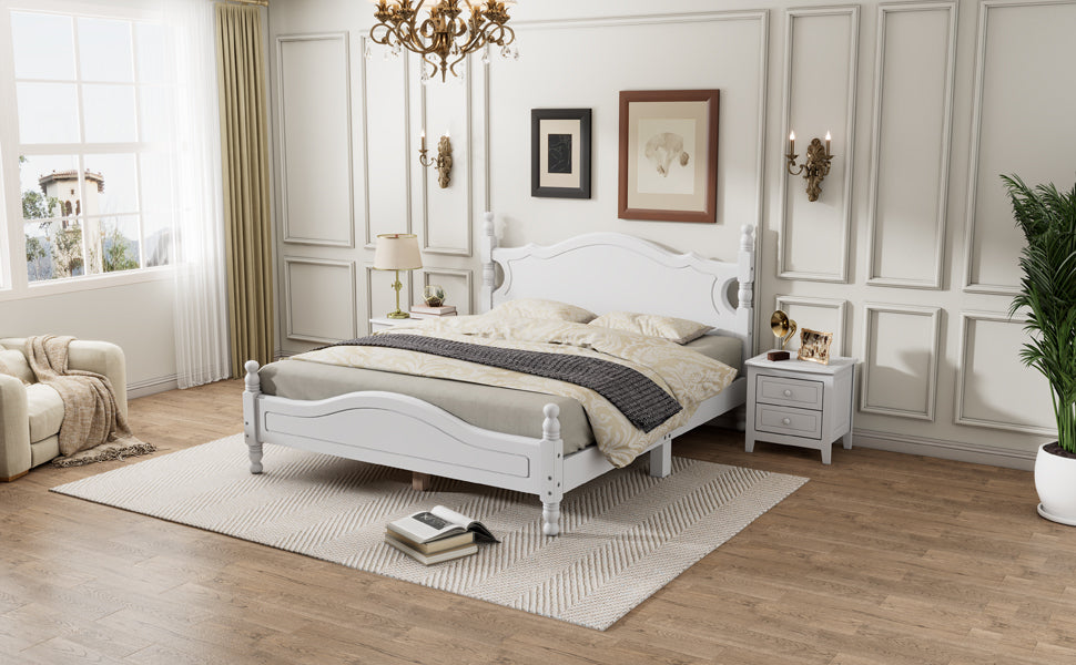 Queen Size Wood Platform Bed Frame,Retro Style Platform Bed With Wooden Slat Support,White White Wood