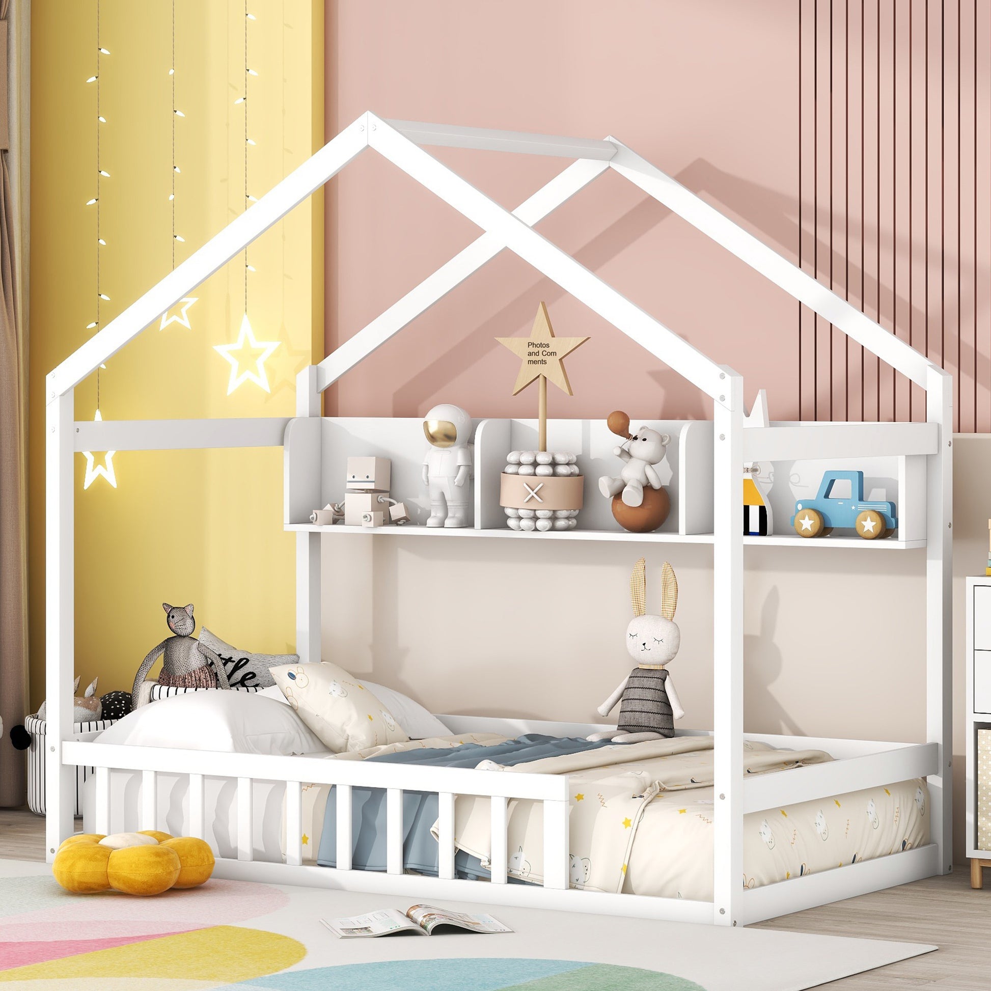 Wooden Twin Size House Bed With Storage Shelf,Kids Bed With Fence And Roof, White Twin White Wood