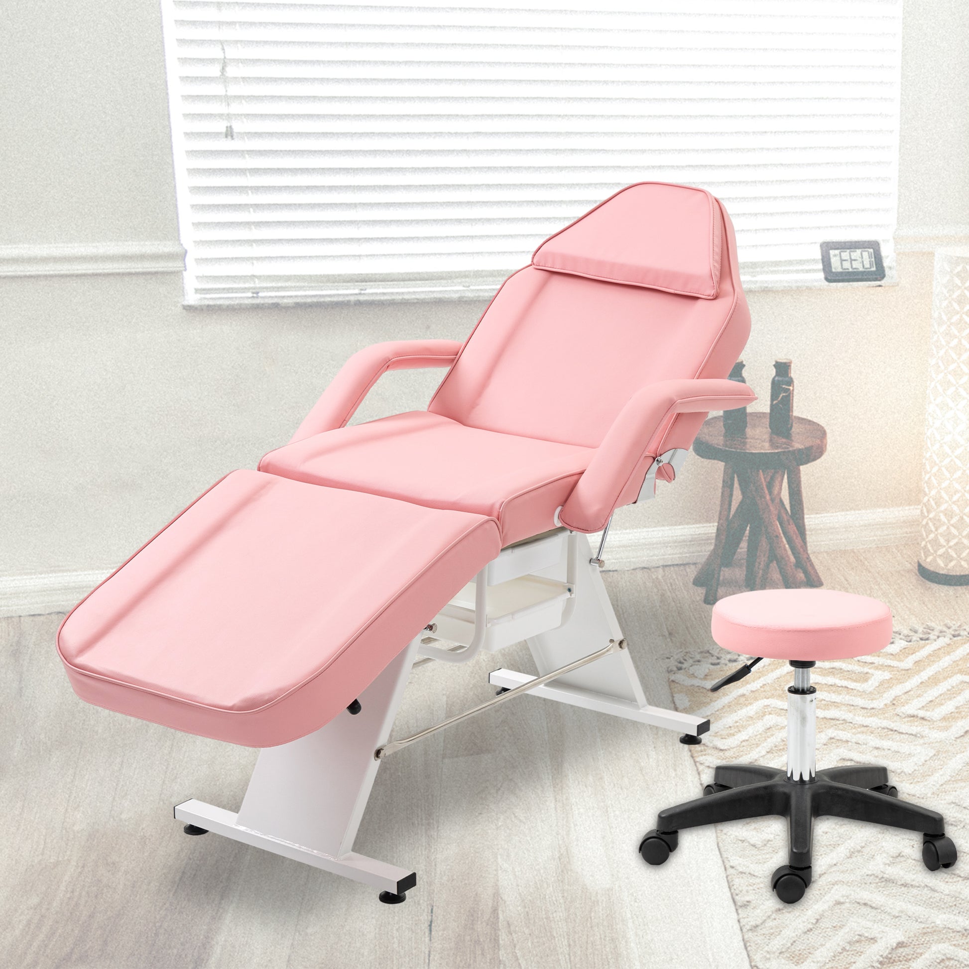 Massage Salon Tattoo Chair With Two Trays Esthetician Bed With Hydraulic Stool,Multi Purpose 3 Section Facial Bed Table, Adjustable Beauty Barber Spa Beauty Equipment, Pink Pink Pu