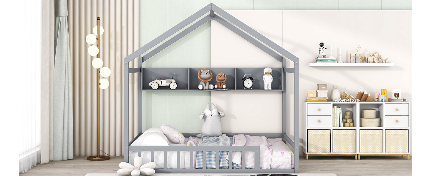 Wooden Full Size House Bed with Storage Shelf,Kids Bed full-gray-wood