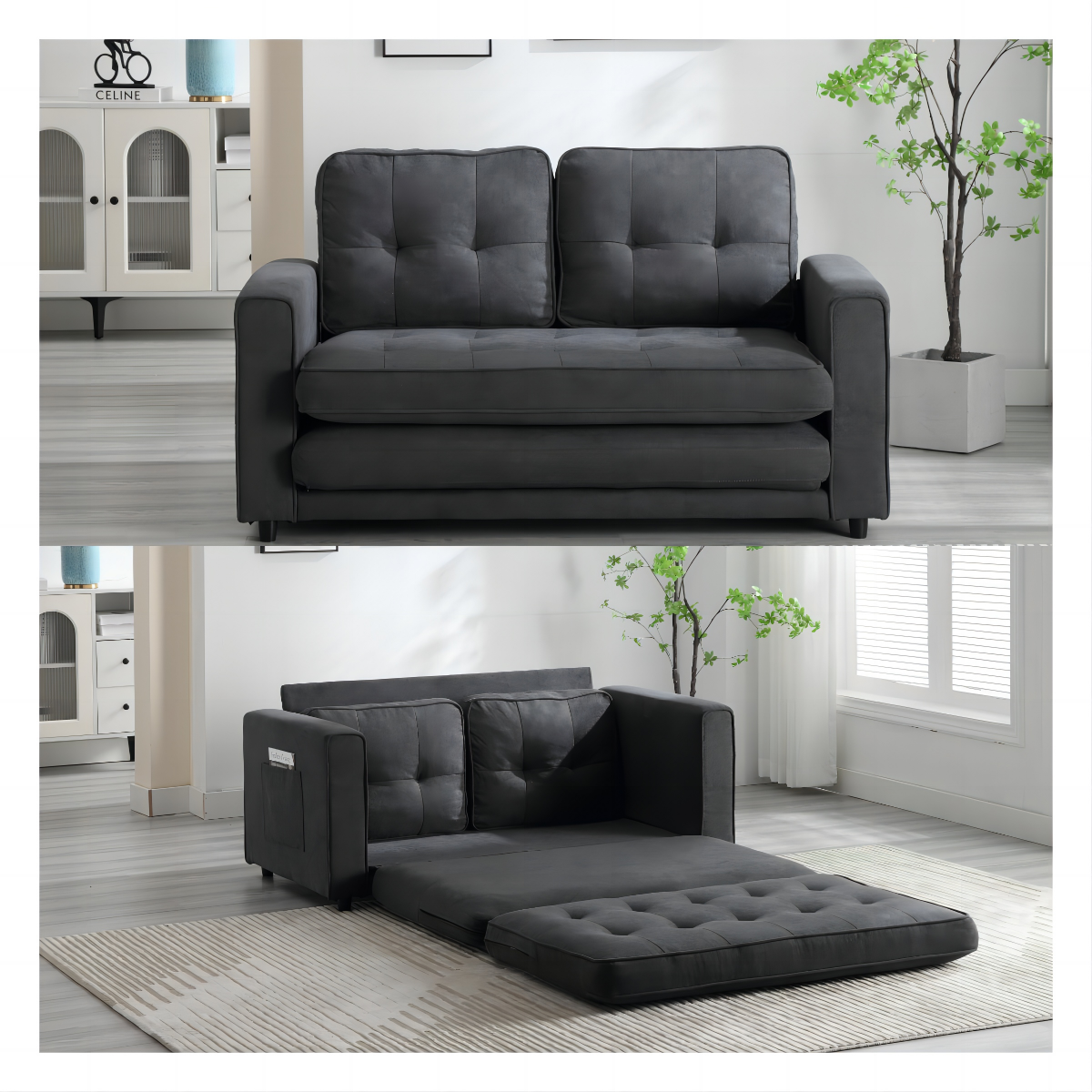 3 Fold Sofa,Convertible Futon Couch sleeper dark gray-velvet