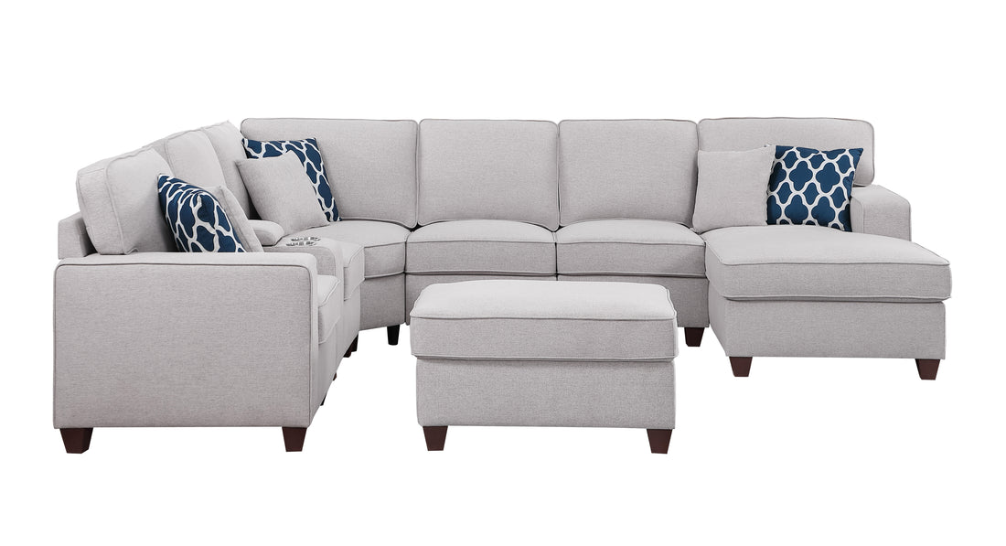 Tina 8 Pieces Upholstered Sectional With Ottoman Light Gray Foam Linen