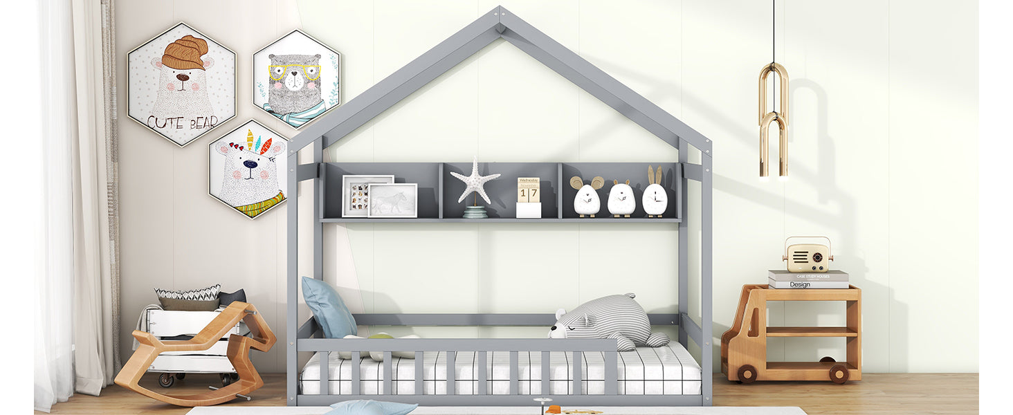 Wooden Twin Size House Bed with Storage Shelf,Kids Bed gray-wood