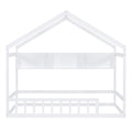 Wooden Twin Size House Bed With Storage Shelf,Kids Bed With Fence And Roof, White Twin White Wood