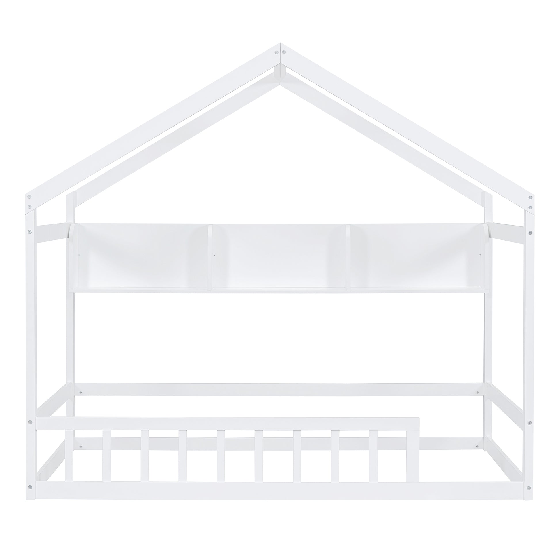 Wooden Twin Size House Bed With Storage Shelf,Kids Bed With Fence And Roof, White Twin White Wood