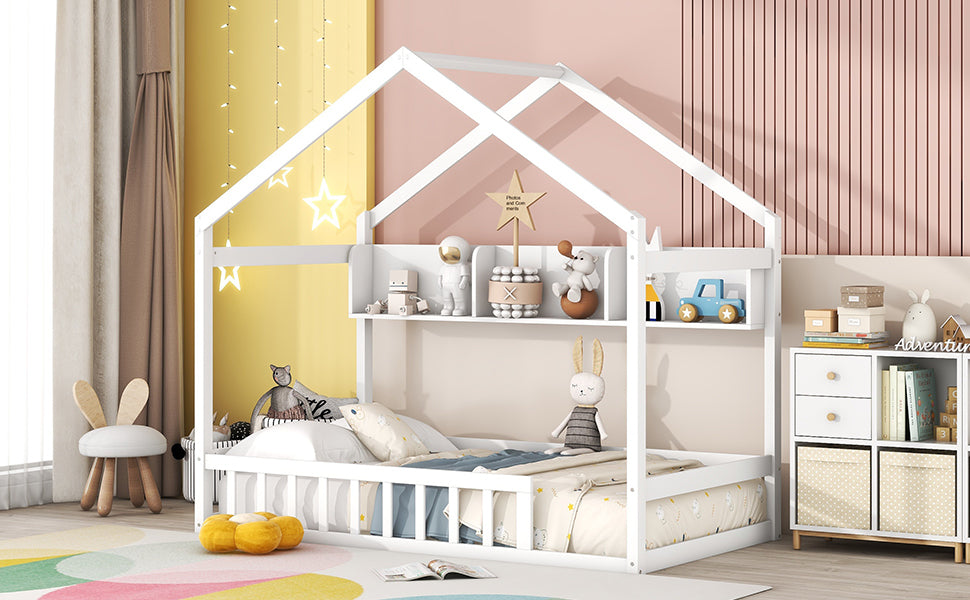 Wooden Twin Size House Bed with Storage Shelf,Kids Bed white-wood