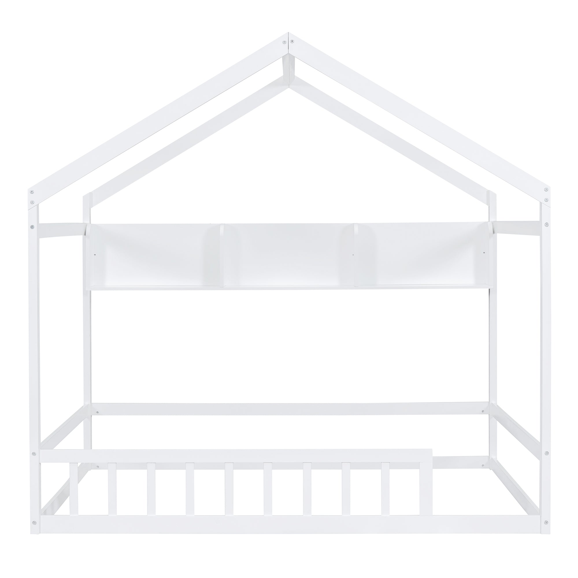 Wooden Full Size House Bed with Storage Shelf,Kids Bed full-white-wood