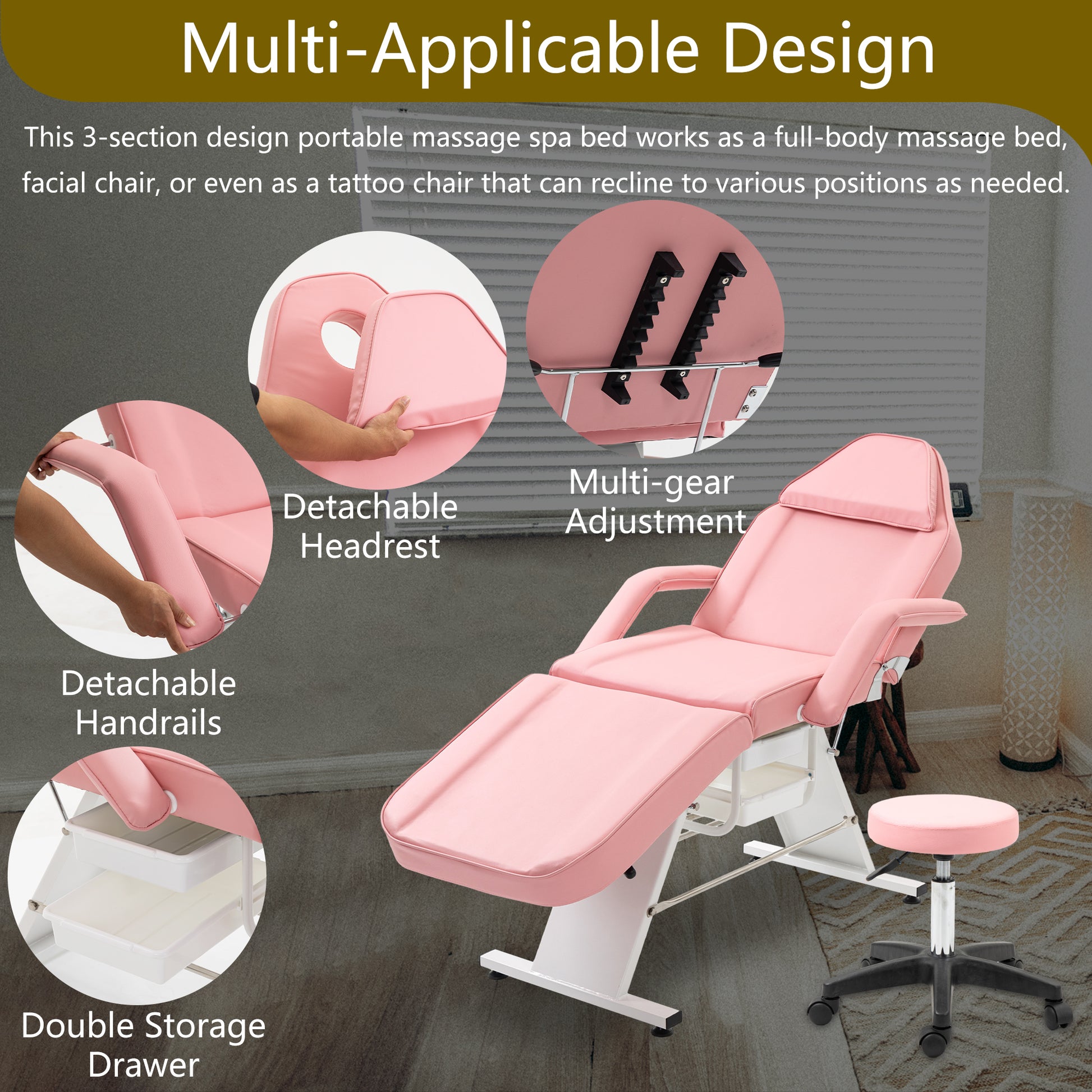 Massage Salon Tattoo Chair With Two Trays Esthetician Bed With Hydraulic Stool,Multi Purpose 3 Section Facial Bed Table, Adjustable Beauty Barber Spa Beauty Equipment, Pink Pink Pu