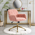 Office Chair,Artificial Rabbit Hair Home Office Chair With Golden Metal Base,Adjustable Desk Chair Swivel Office Chair,Vanity Chair Pink Pink Study Foam Upholstered