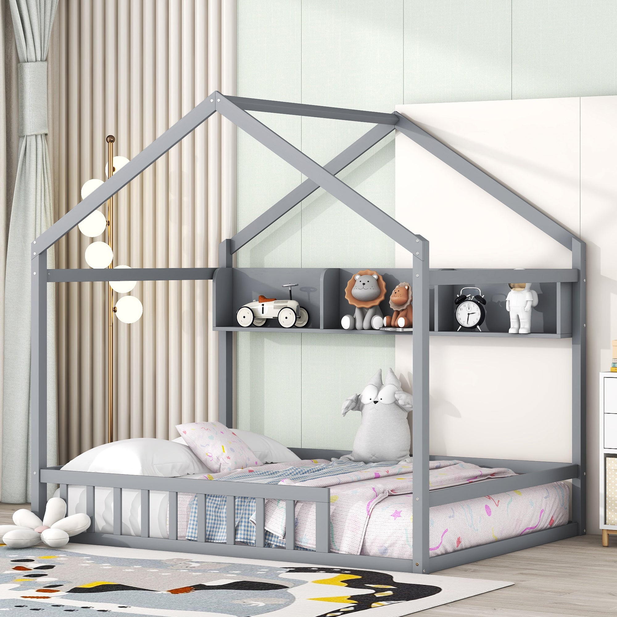 Wooden Full Size House Bed with Storage Shelf,Kids Bed gray-wood
