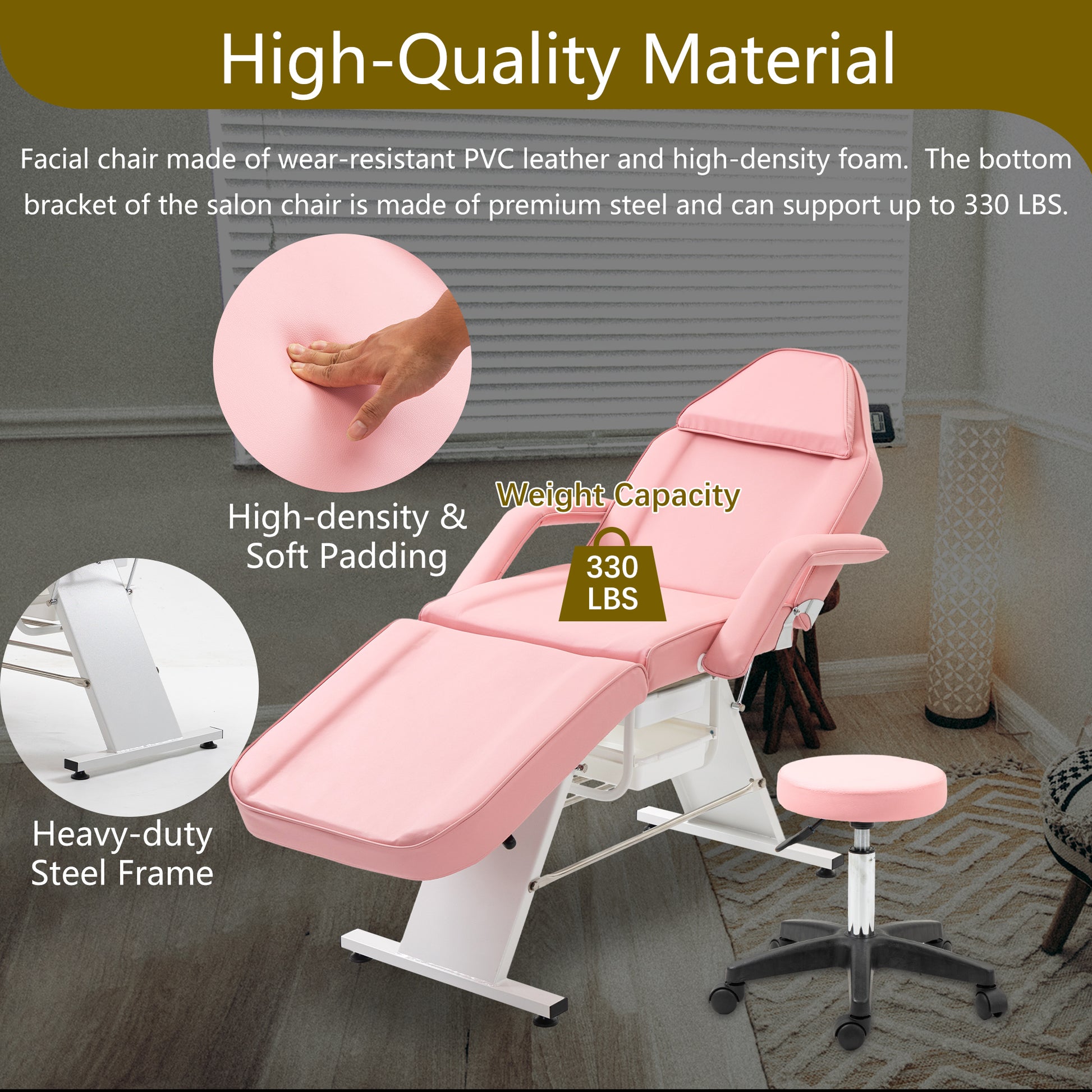 Massage Salon Tattoo Chair With Two Trays Esthetician Bed With Hydraulic Stool,Multi Purpose 3 Section Facial Bed Table, Adjustable Beauty Barber Spa Beauty Equipment, Pink Pink Pu