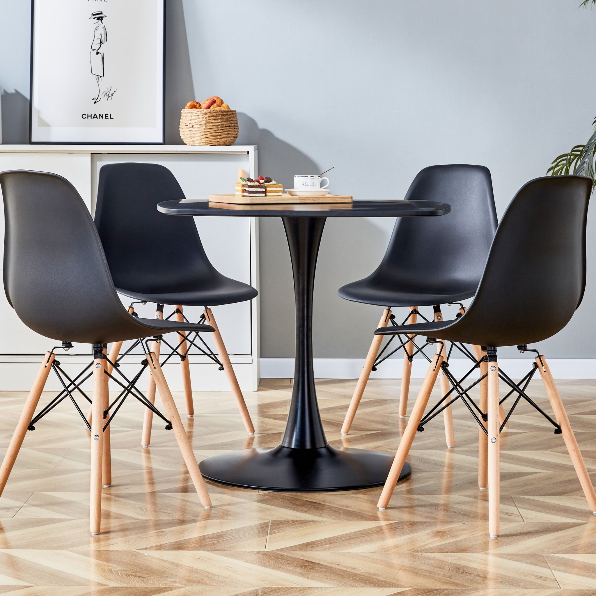 1 4,5Pieces Dining Set,31.5"Black Table Metal Leg Mid Century Dining Table For 4 6 People With Mdf Table Top, Pedestal Dining Table, End Table Leisure Coffee Table Matte Black Mdf Steel