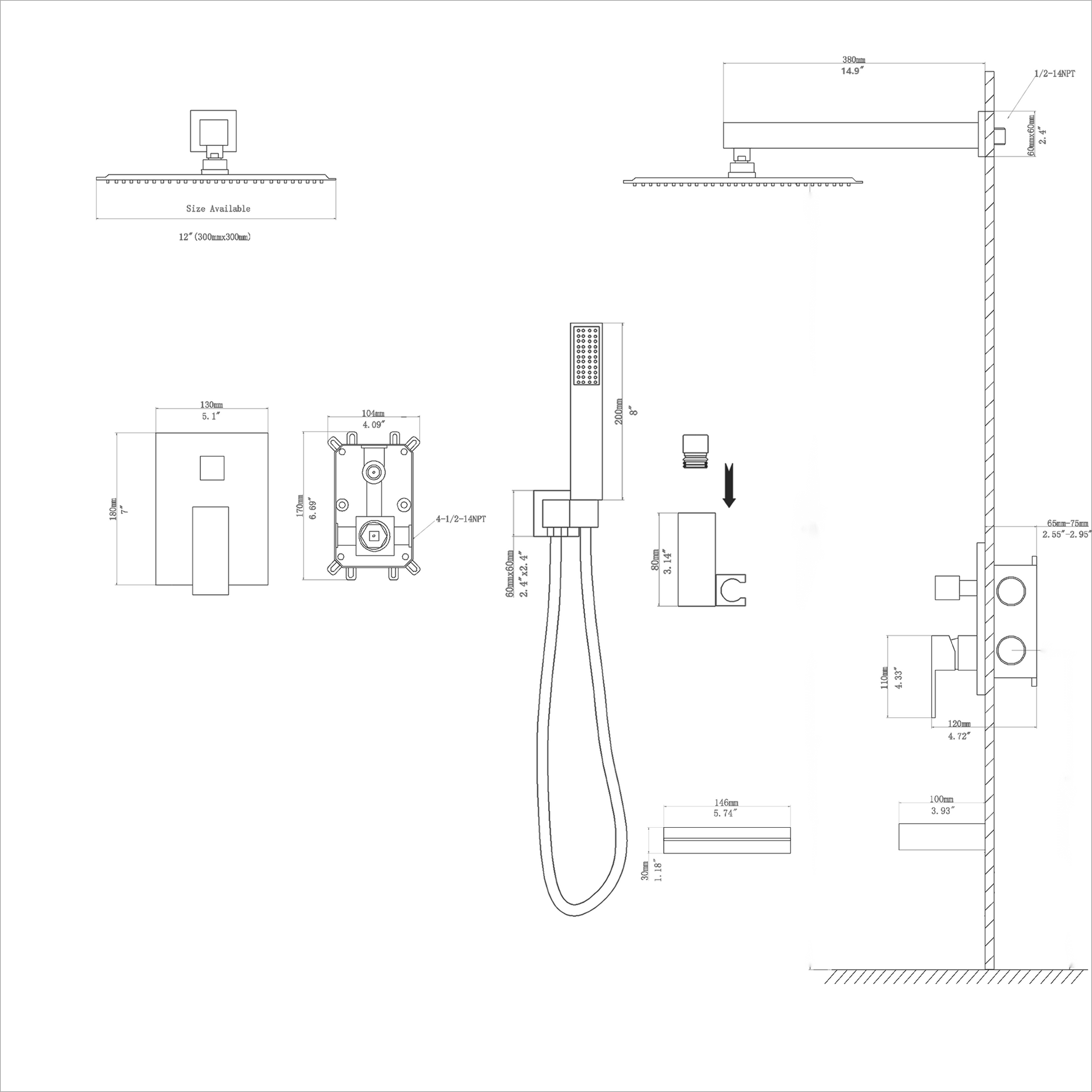 Shower System With Waterfall Tub Spout,12 Inch Wall Mounted Square Shower System With Rough In Valve, Oil Rubber Bronze Oil Rubbed Bronze Stainless Steel