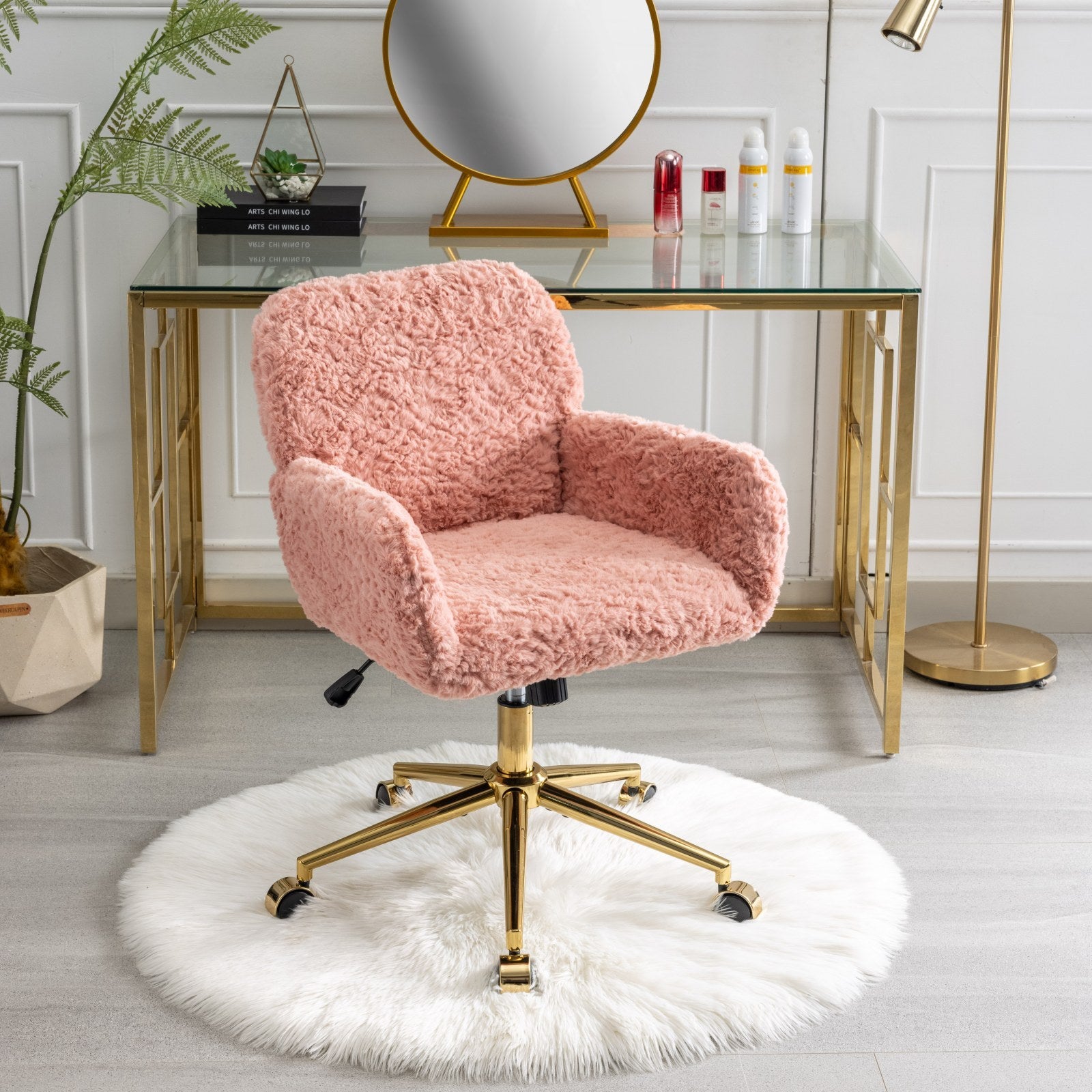 Office Chair,Artificial Rabbit Hair Home Office Chair With Golden Metal Base,Adjustable Desk Chair Swivel Office Chair,Vanity Chair Pink Pink Study Foam Upholstered