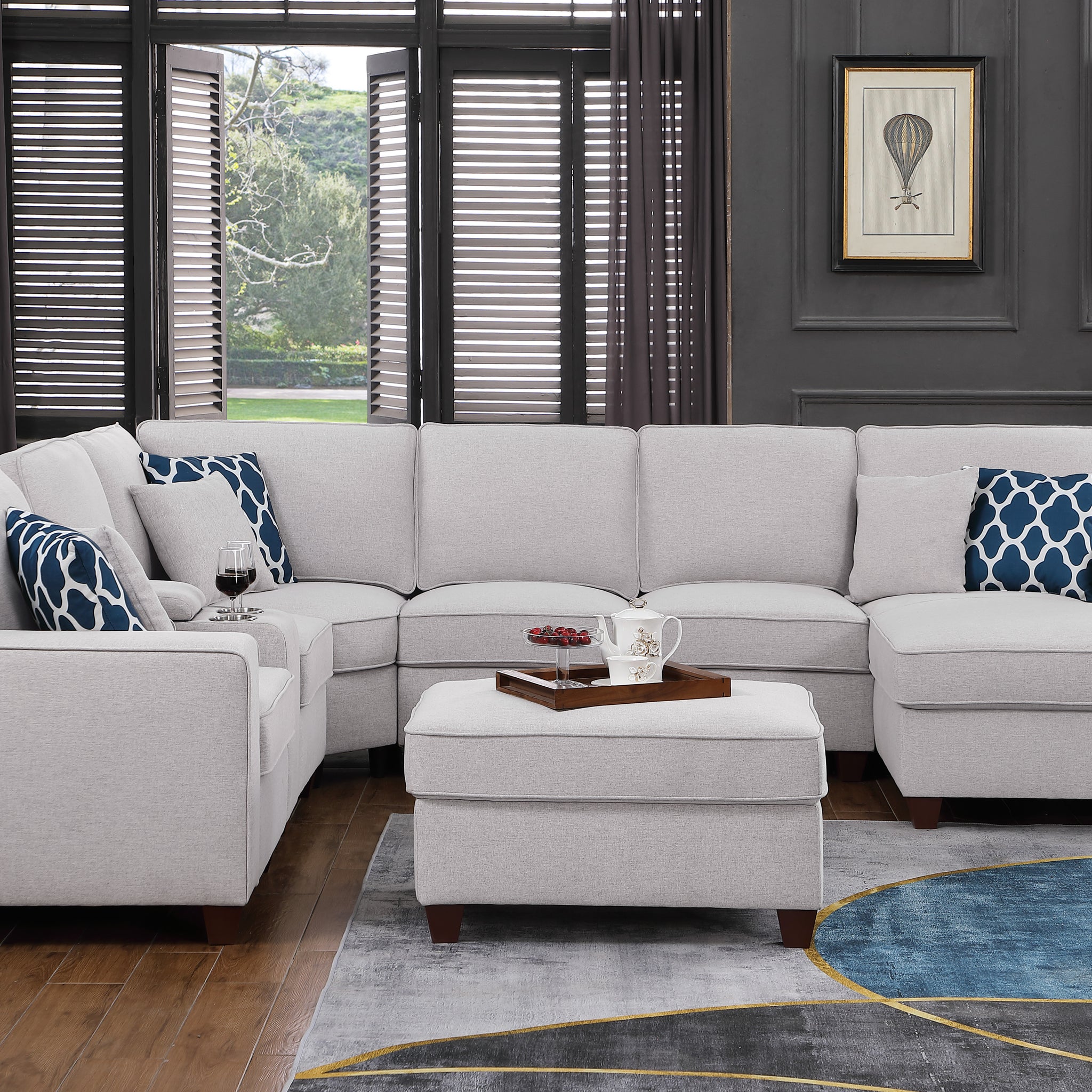 Tina 8 Pieces Upholstered Sectional With Ottoman Light Gray Foam Linen