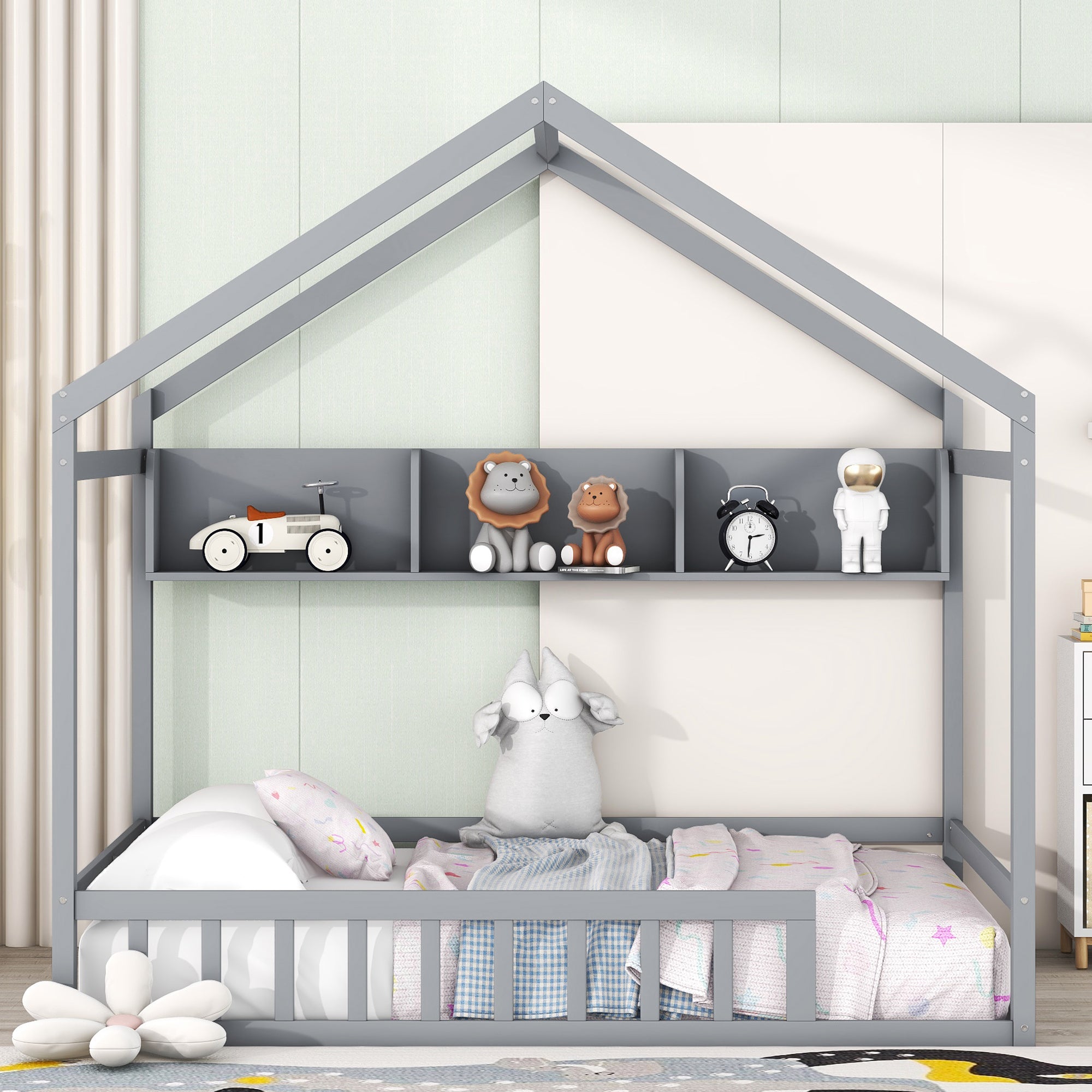 Wooden Full Size House Bed with Storage Shelf,Kids Bed full-gray-wood