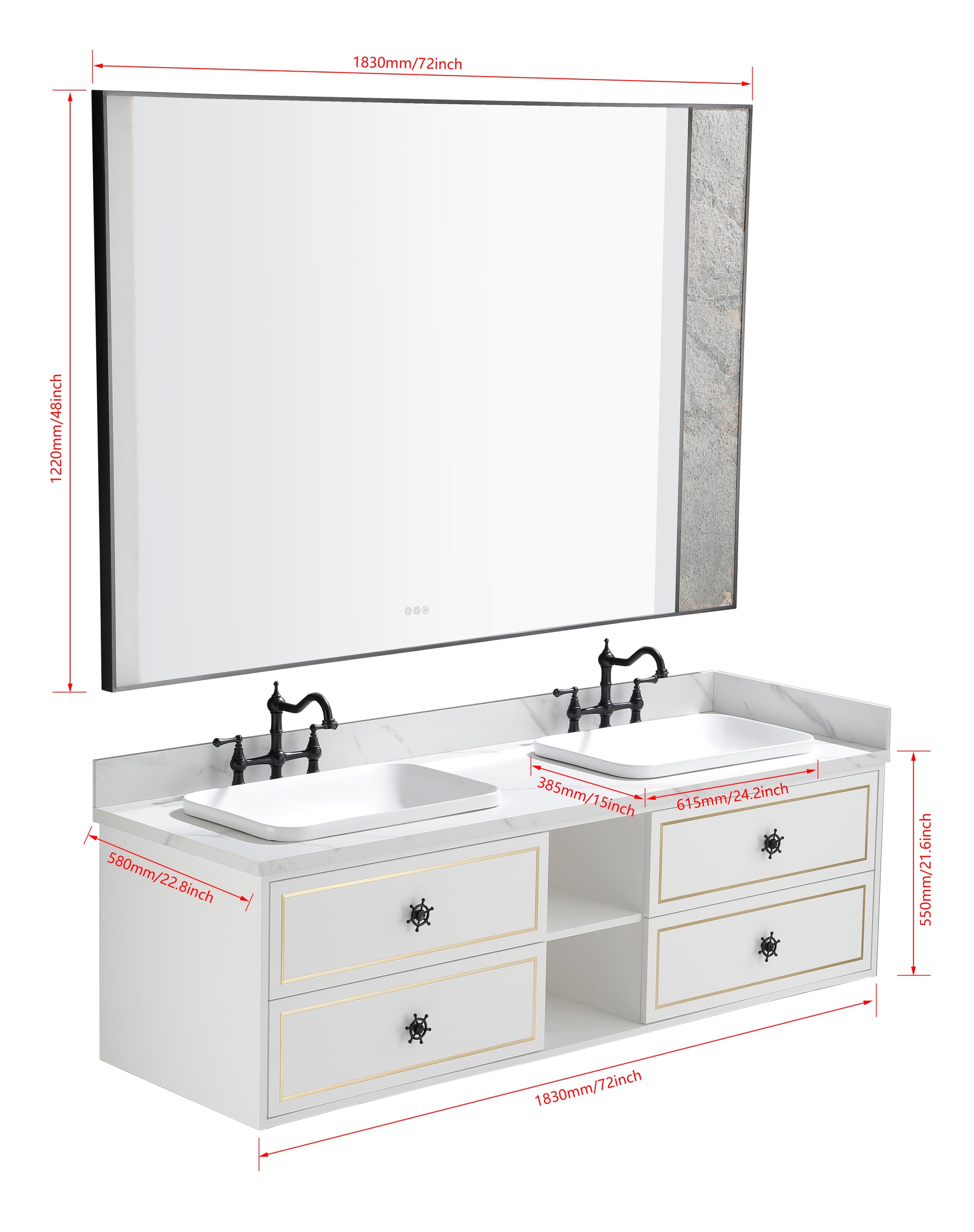 72 In. W X 23 In. D X21 In. H Double Bath Vanity In With White Carrara Top With White Sink White Abs Steel Q235 Wood Pvc