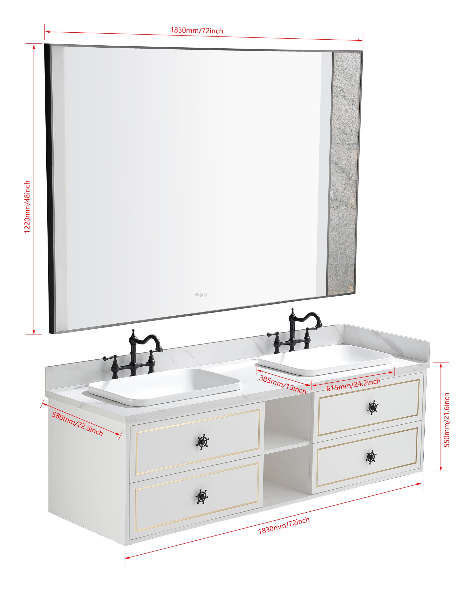 72*23*21In Wall Hung Doulble Sink Bath Vanity Cabinet Only In Bathroom Vanities Without Tops White Abs Steel Q235 Wood Pvc