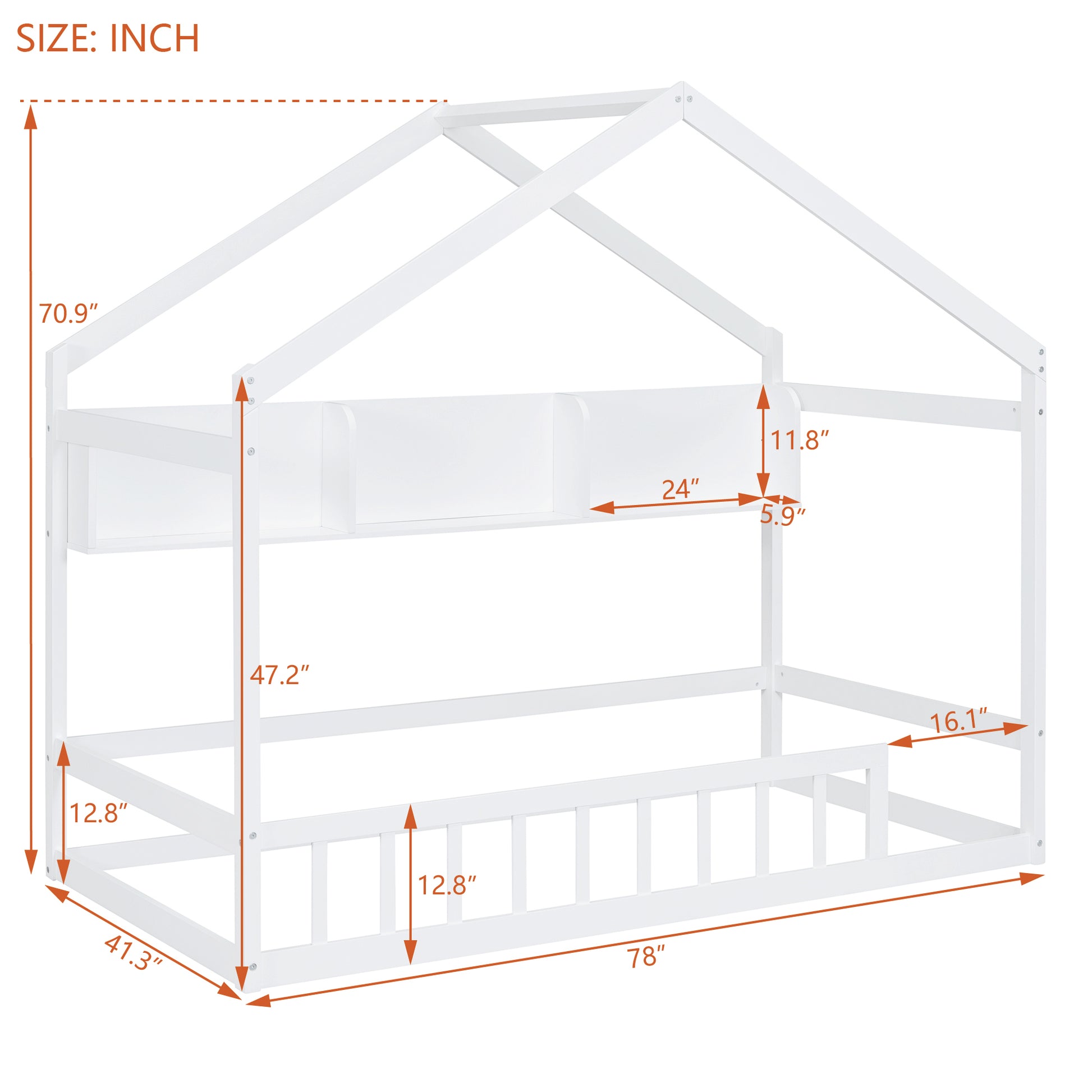 Wooden Twin Size House Bed With Storage Shelf,Kids Bed With Fence And Roof, White Twin White Wood