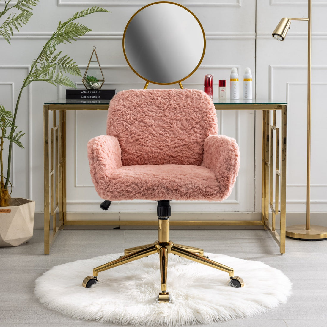 Office Chair,Artificial Rabbit Hair Home Office Chair With Golden Metal Base,Adjustable Desk Chair Swivel Office Chair,Vanity Chair Pink Pink Study Foam Upholstered