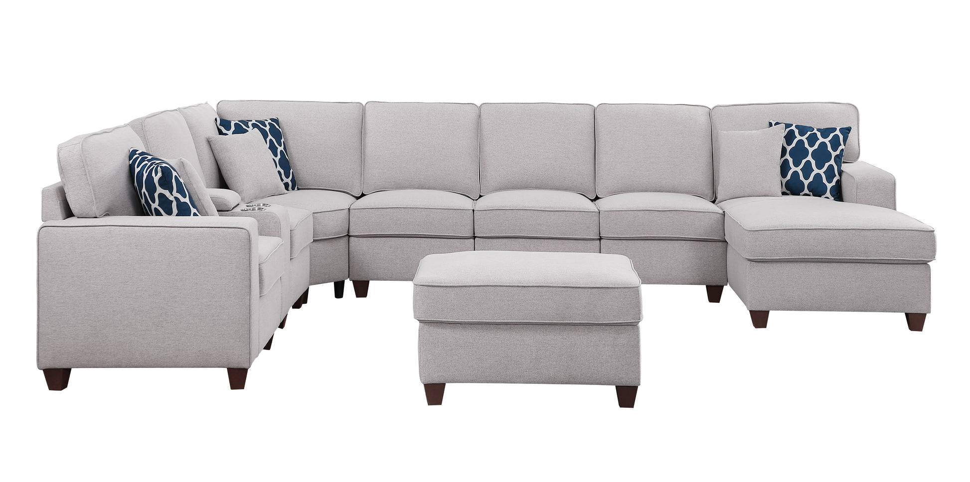 Eric 9 Pieces Upholstered Sectional With Ottoman Light Gray Foam Linen