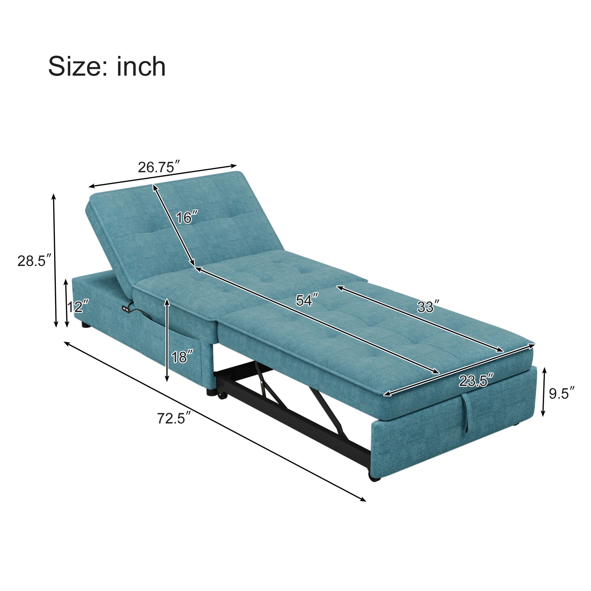 4 In 1 Sofa Bed, Chair Bed, Multi Function Folding Ottoman Bed With Storage Pocket And Usb Port For Small Room Apartment,Living Room,Bedroom,Hallway, Teal Teal Primary Living Space Linen