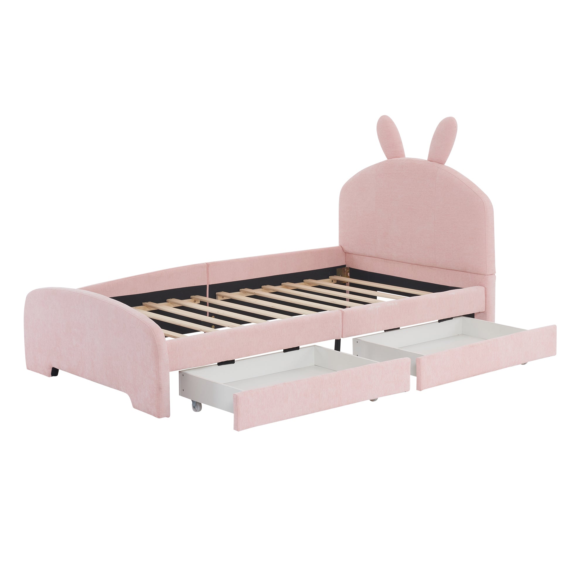 Twin Size Upholstered Platform Bed with Cartoon Ears box spring not required-pink-wood-upholstered