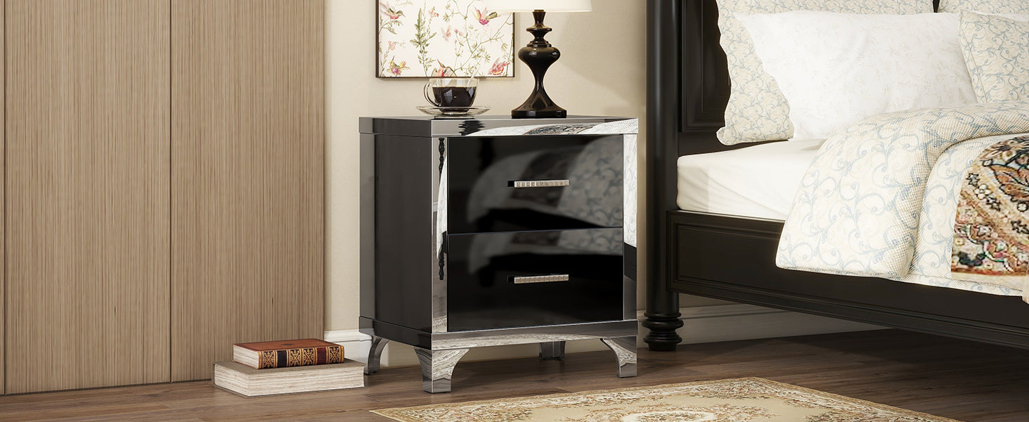 Elegant High Gloss Nightstand With Metal Handle,Mirrored Bedside Table With 2 Drawers For Bedroom,Living Room,Black Black Particle Board