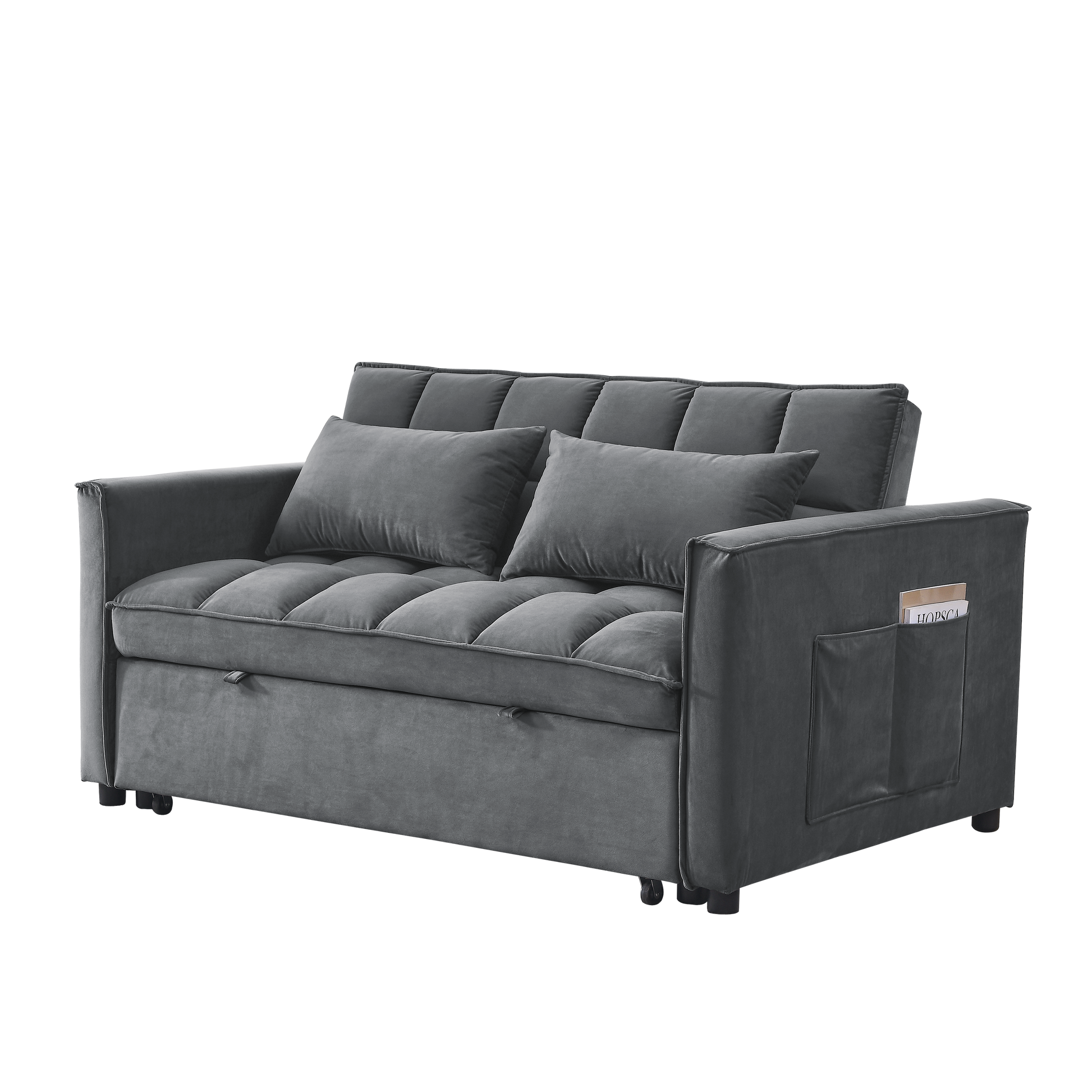 Sleeper Sofa, Convertible Sofa, Recliner, Bed, 3 In 1, 3 Position Adjustable Backrest, 2 Seater Sectional, Two Side Pockets, 2 Pillows For Living Room, Apartment, Etc., Velvet Beige 54" Wide. Grey Foam Velvet