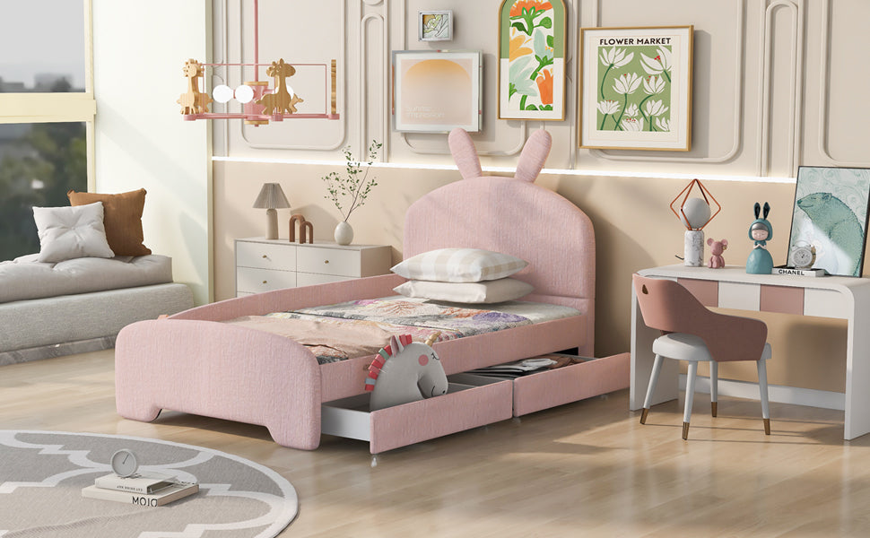 Twin Size Upholstered Platform Bed with Cartoon Ears box spring not required-pink-wood-upholstered