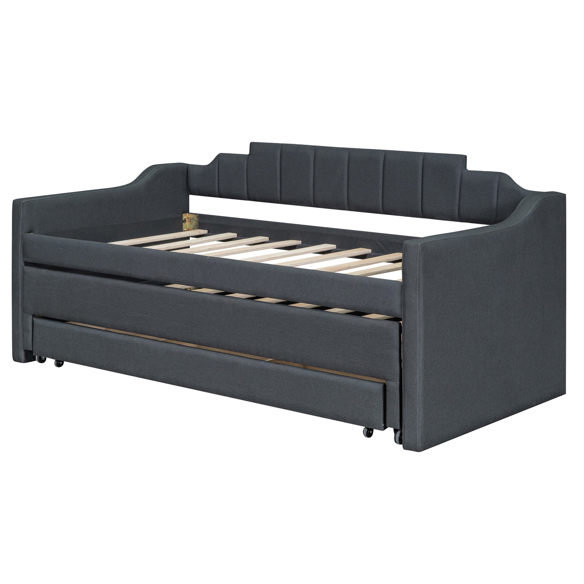 Twin Size Upholstered Daybed With Trundle And Three Drawers,Grey Box Spring Not Required Twin Grey Wood Linen Linen