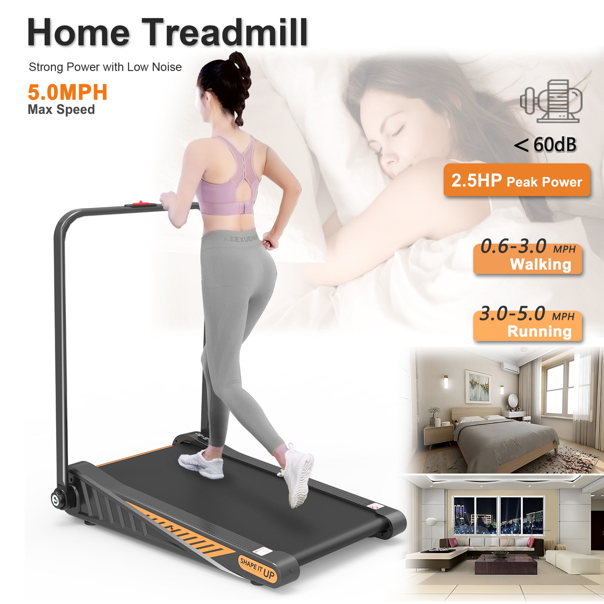 Under Desk Walking Pad, Treadmill 8% Incline 2.5Hp 280Lbs With Remote Control Black Steel