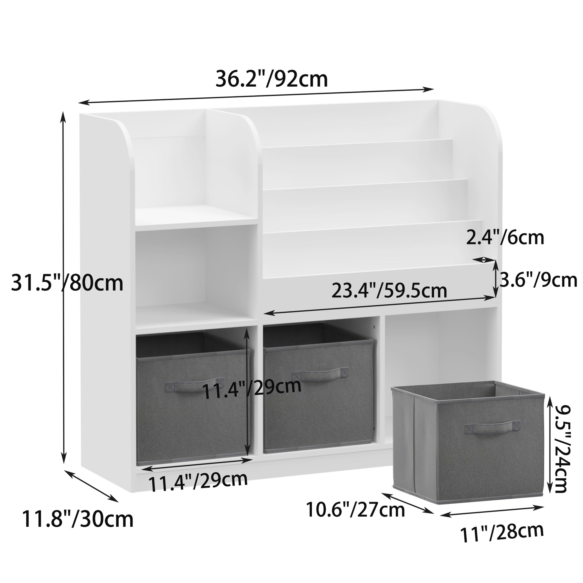 Kids Bookcase And Bookshelf, Multifunctional Bookcase With 3 Collapsible Fabric Drawers, Bookcase Display Stand, Toy Storage Organizer For Bedroom, Playroom, Hallway White Gray White Mdf