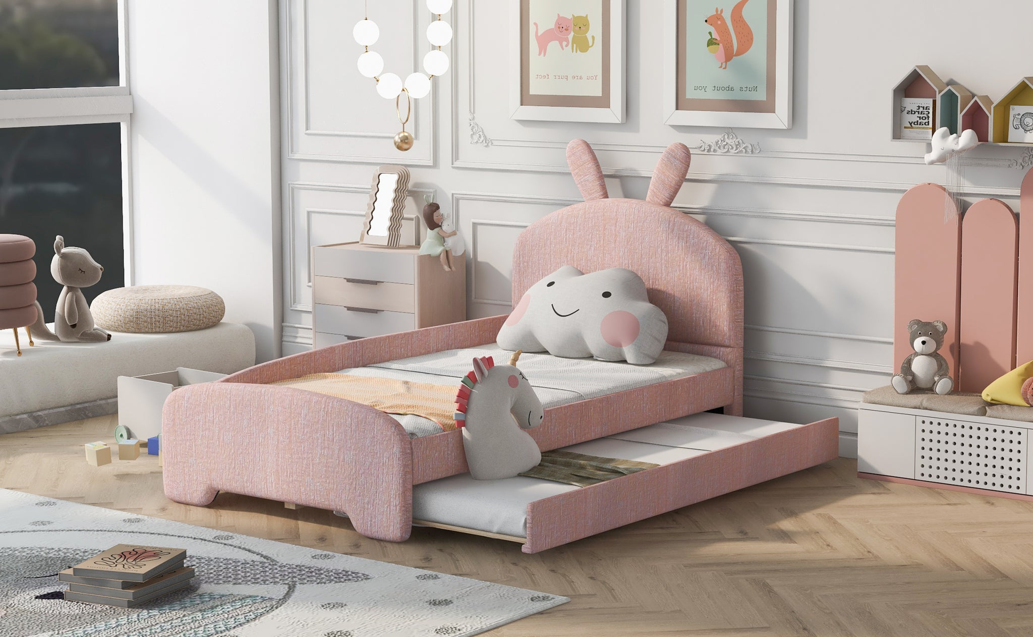 Twin Size Upholstered Platform Bed with Cartoon Ears box spring not