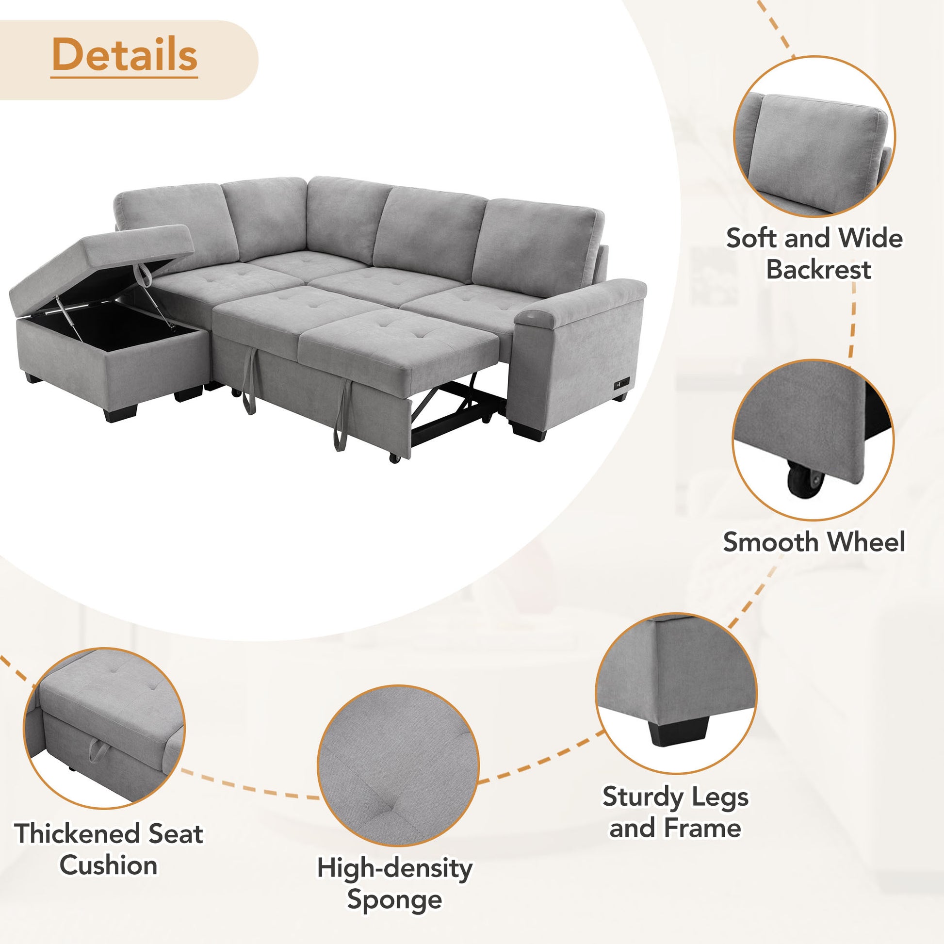 Sleeper Sectional Sofa, L Shape Corner Couch Sofa Bed With Storage Ottoman & Hidden Arm Storage & Usb Charge For Living Room Apartment, Gray Gray Velvet 4 Seat