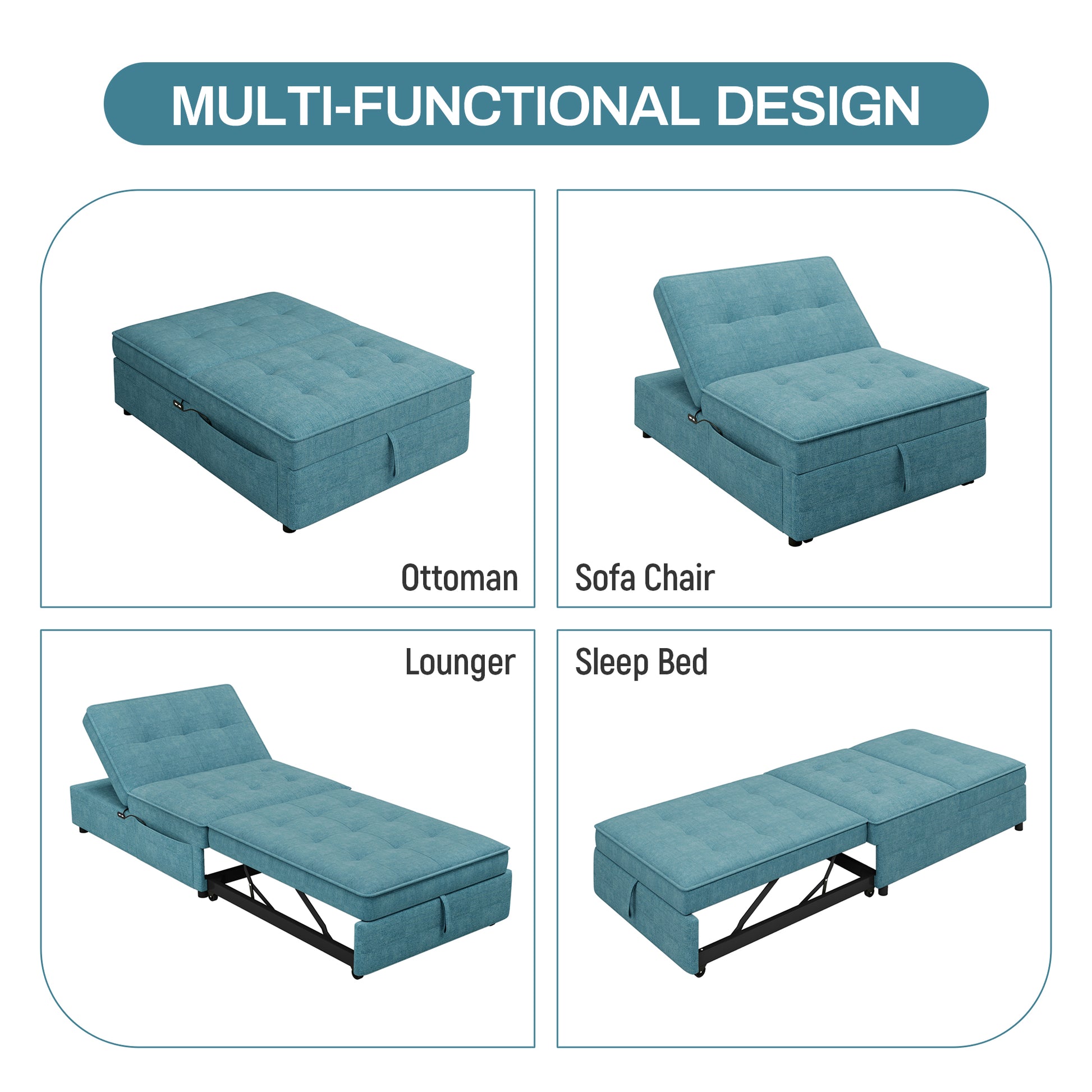 4 In 1 Sofa Bed, Chair Bed, Multi Function Folding Ottoman Bed With Storage Pocket And Usb Port For Small Room Apartment,Living Room,Bedroom,Hallway, Teal Teal Primary Living Space Linen